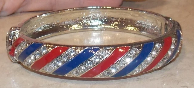 Unsigned Red White BLue Clear RHinestone Stripe Silvertone Bangle Bracelet Jewel