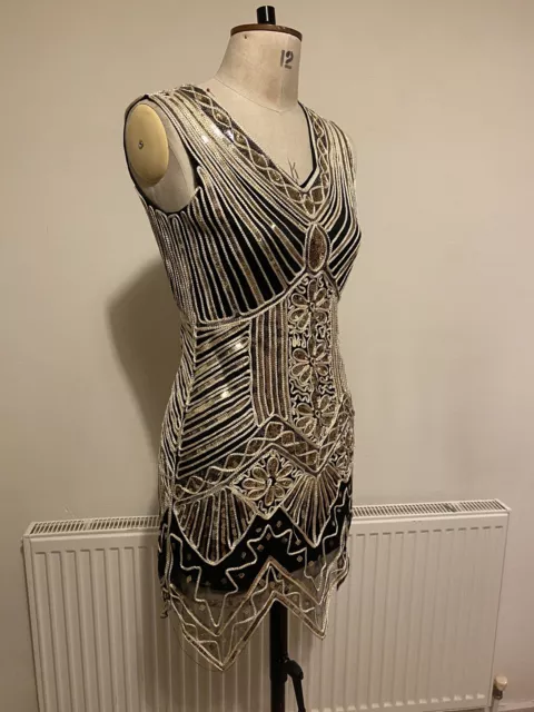 Art Deco Style Size Small Dress Gold Black Sequins Great Gasby Style Mesh Zip Up