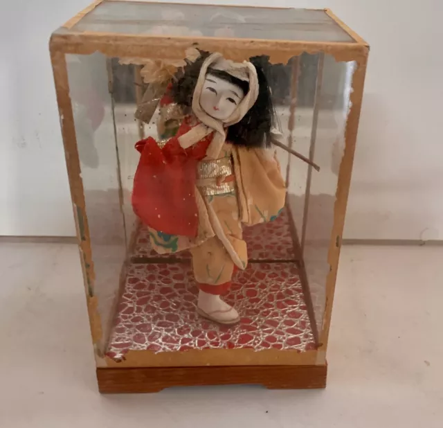 Vintage Japanese Geisha Doll Traveler in Cloth Kimono in 6” Glass Case