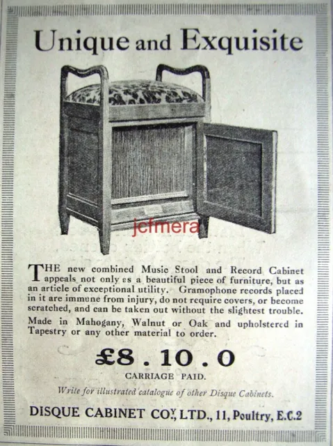 'DISQUE CABINET' Piano Stool & Disc Record Store ADVERT - Small 1922 Print AD