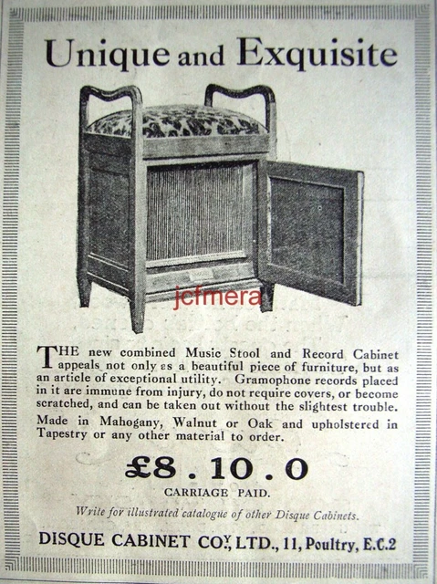 'DISQUE CABINET' Piano Stool & Disc Record Store ADVERT - Small 1922 Print AD