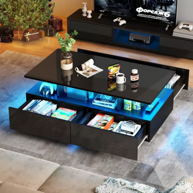 High Gloss LED Coffee Table with 4 Drawers Storage Modern End Table Living Room