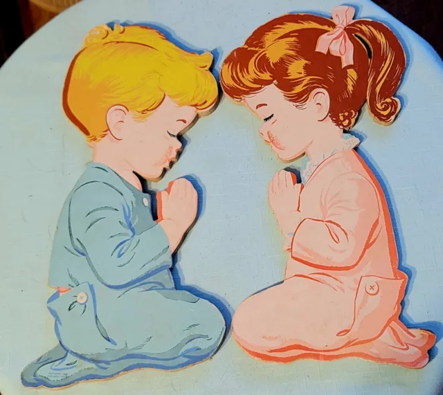 VTG 1950'S Praying Boy & Girl Plaques Made Of Heavy Card Board