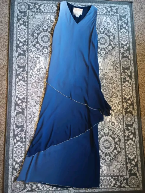 Rickie Freeman TJ Nites Silk Evening Gown Size 12 Tiered Beaded Blue Maxi Dress