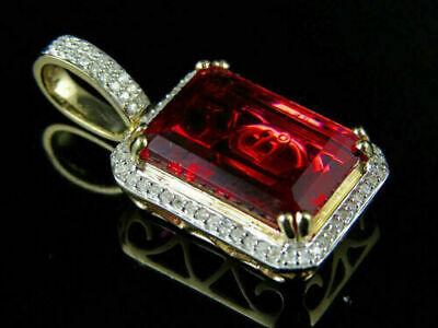 Free Chain 4Ct Emerald Cut Lab Created Red Ruby Pendant 14K Yellow Gold Finish
