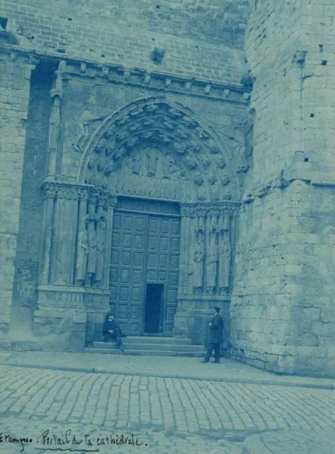 Fotografía vintage Cianotipo XIX Paisaje, portal de la Catedral de Etampes