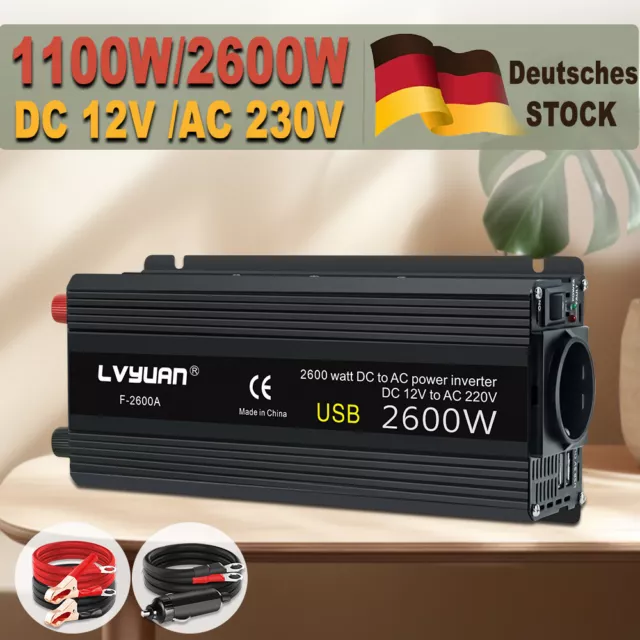 1100W 2600W Spannungswandler dc 12V ac 230V Wechselrichter Inverter USB Solar