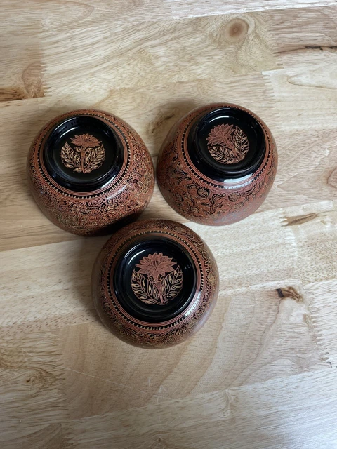 SET OF 3 Burmese Lacquer Bowls Cups Hand Painted Lacquerware Asian Myanmar 6