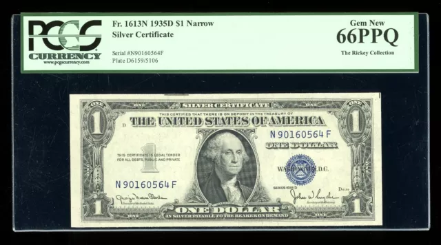 DBR 1935-D $1 Silver Gem Fr. 1613N Narrow NF Block PCGS 66 PPQ Serial N90160564F