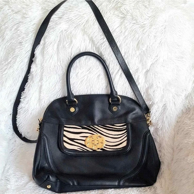 EMMA FOX Black Leather Zebra Print Calf Hair Womens Crossbody Satchel Bag