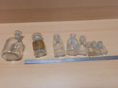 8 ältere Steilbrustflaschen/ Apothekerflaschen Klarglas von 10ml-250ml, gebr. 6