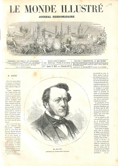 Louis Buffet Président de Assemblée nationale Ministre des Finances GRAVURE 1873