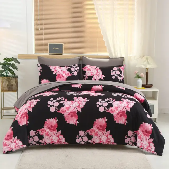 ALAOOKKA 7 Piece Botanical Bed in a Bag Queen Comforter Set,Pink Floral on Soft