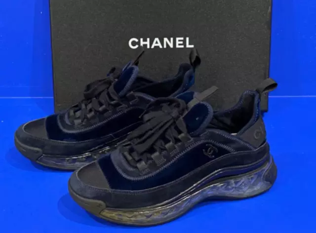 AUTHENTIC CHANEL Blue Velvet Clear Platform Bubble Sneakers G