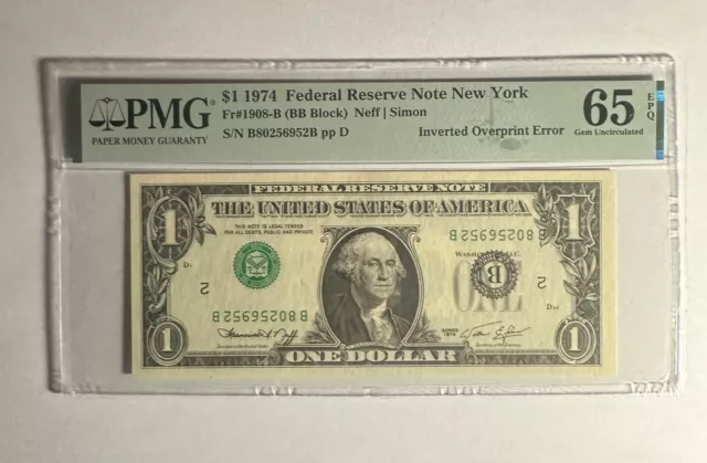 RARE 1974 $1 FRN NEWYORK  Inverted Overprint Error GEM UNC 65 EPQ