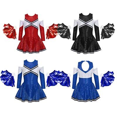 Girls Cheer Uniform Outfit Cheer Leader Costume Cosplay Fancy Dress with Pom Pom