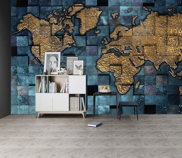 3D GOLDEN WORLD Map N11644 Wallpaper Wall Mural Removable Self-adhesive ...