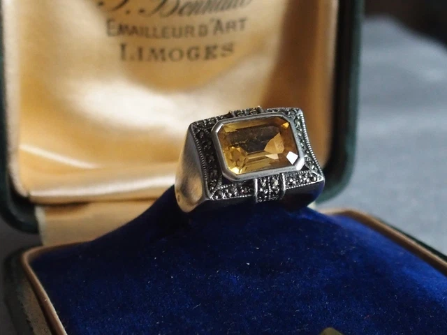 Chevalière Ancienne Art Déco En Argent Massif Avec Onyx Noir - Bague Vintage Occasion