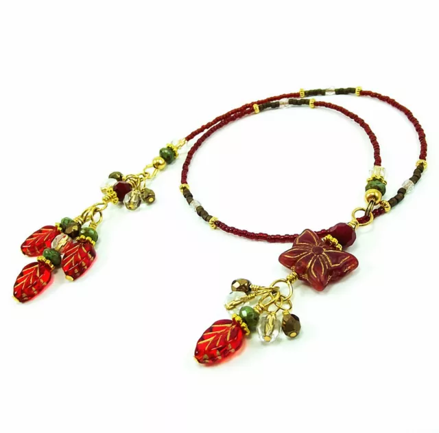 Handmade Beaded Seed Bead Bookmark Butterfly Leaves Red Gold Green Crystal Czech