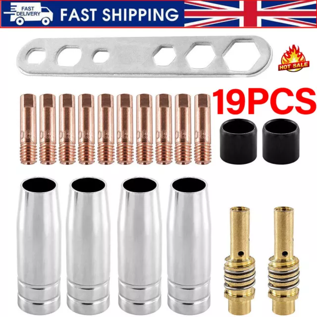 19PCS MB15 MIG Welding Nozzle Shroud Contact Tips 0.8mm M6 Torch Tip Holder Kit