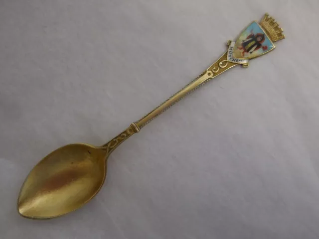 German 800 Standard Silver Gold Wash Souvenir Spoon Enamel München Coat Of Arms