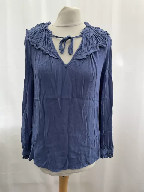 M&S Blue Blouse Size 10 Long Sleeve Viscose V Neck Womens