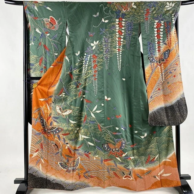 Woman Japanese Kimono Furisode Silk Butterfly Leaf Design Gold Shibori GrayGreen