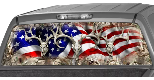 AMERICAN WAVING FLAG Buck Skull Oak Tree Rear Window Graphic Decal Tint suv camo