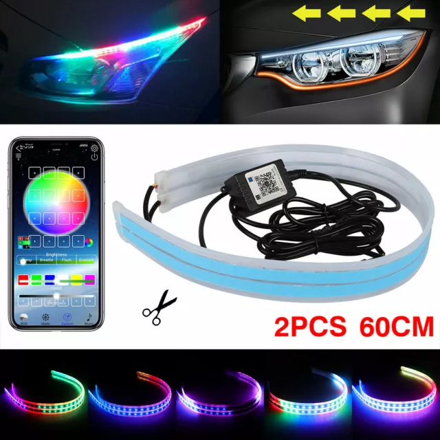 2X 60cm RGB APP Slim Flexible LED DRL Daytime Running Strip Light for Headlight