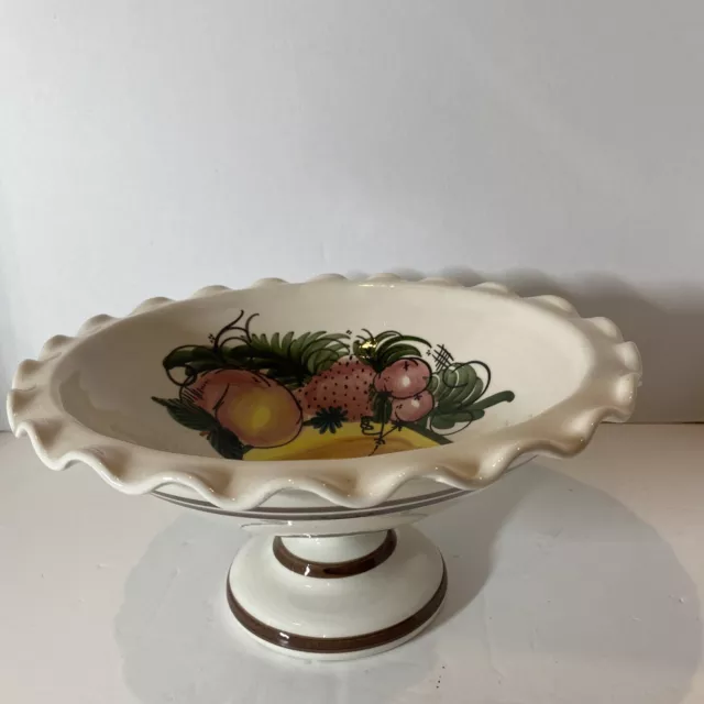 Cream Brown Trim Vintage Ceramic Pedestal Fruit Bowl Hand Painted Fruit