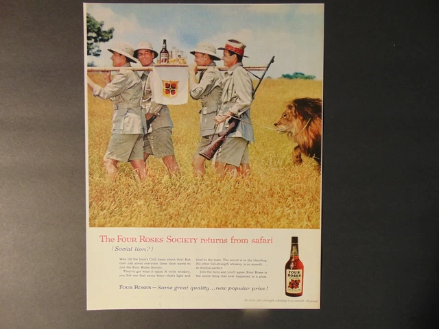 1960 FOUR ROSES Blended Whiskey Return From Safari Lion vintage art print ad
