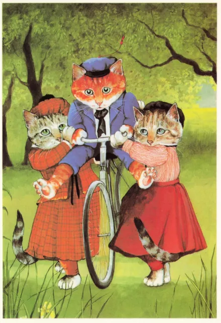 Cats Out Cycling Illustration by Susan Herbert Vintage Art Postcard Unposted