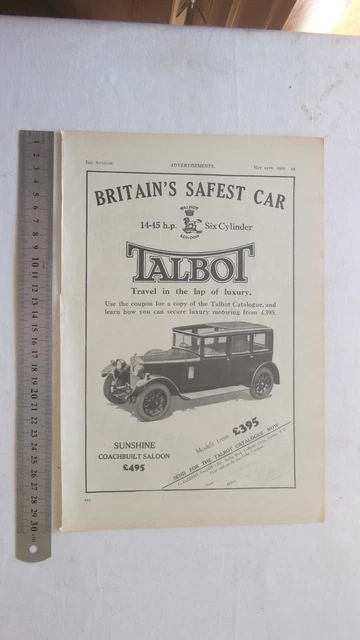 VINTAGE TALBOT ORIGINAL Advertisement removed from a Magazine 14-45HP ...