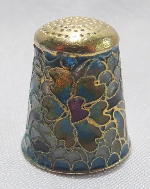 Vintage Thimble Plique a Jour Thimble Flowers Enamel Glass Collectors Brass