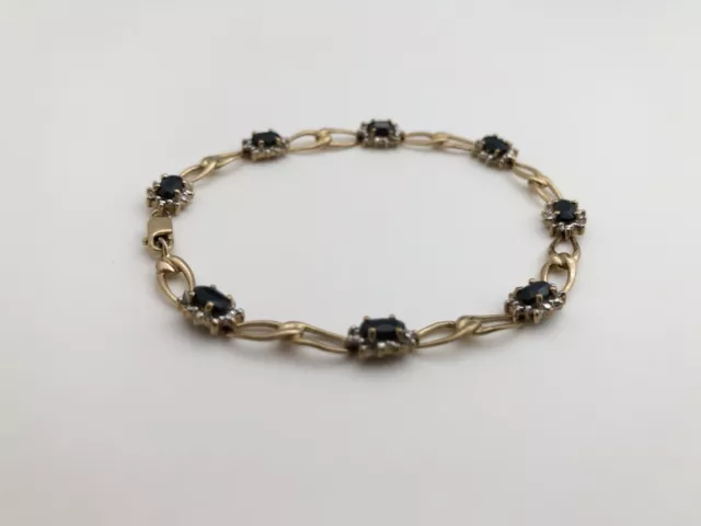 Vintage 9ct Yellow Gold Dark Sapphire Diamond Flower Cluster Link Bracelet 5.3g 2