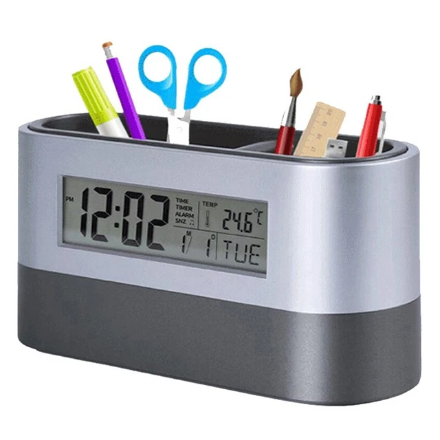 Organisateur De Bureau 2-en-1 Avec Horloge Numérique, Calendrier, Thermomètre Et Porte-Stylos | Design Maille Métallique, Noir, Pour Maison Et Bureau - 8