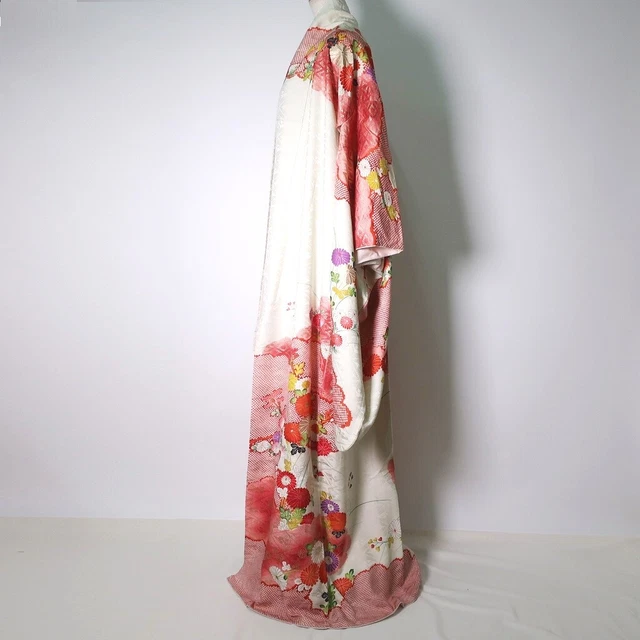 8933B5 Silk Vintage Japanese Kimono Furisode Crane Birds Chrysanthemum