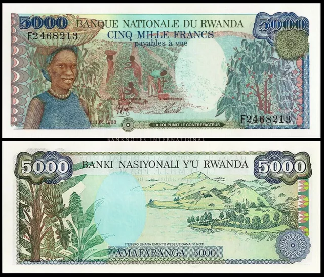 Rwanda Set 100 100 500 1000 5000 Francs 1989-04 P 19 21 22 29 30 Unc 2