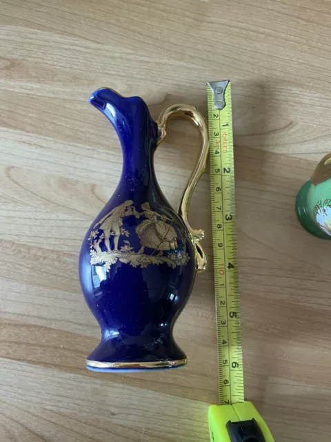 Limoges Miniature Pitcher Cobalt Blue Gold Courting Couple Urn Jug Vase Pitcher