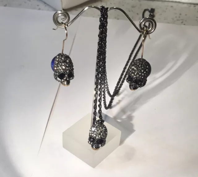 Vintage ALEXIS BITTAR Skull Necklace & Earrings, Gunmetal & Lapis, Pave Crystals