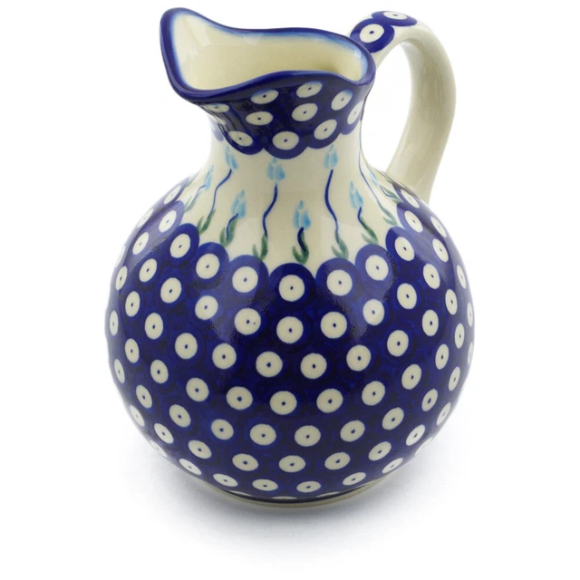 Polish Pottery Pitcher 5 Cup Peacock Tulip Garden