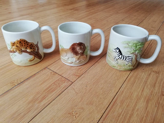 3 Rare Vintage Otagiri Japan omc Raised Ceramic Mugs 1981 Lion, Leopard & Zebra