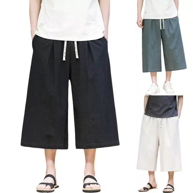 Summer Chinese Wide Leg Cropped Pants Mens Casual Vintage Cotton Linen Pants 5XL