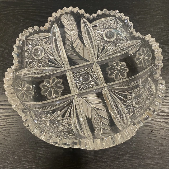 AMERICAN BRILLIANT ABP Cut Crystal Glass Shallow Low Floral Bowl Heavy 8" 2.5 lb