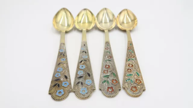 t472 Set of 4 Russian enameled Silver Teaspoons