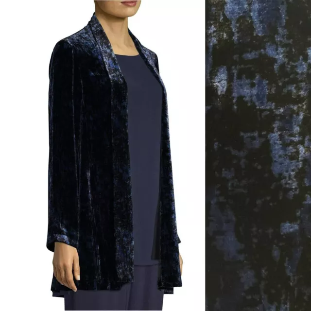 EILEEN FISHER XL Blue Black Dapple Silk Velvet Open Jacket with Pockets NWT