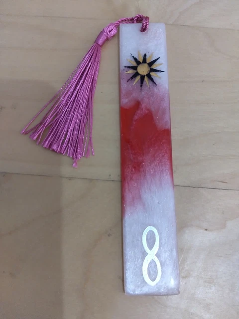 Resin bookmark, dark red and white with tassel