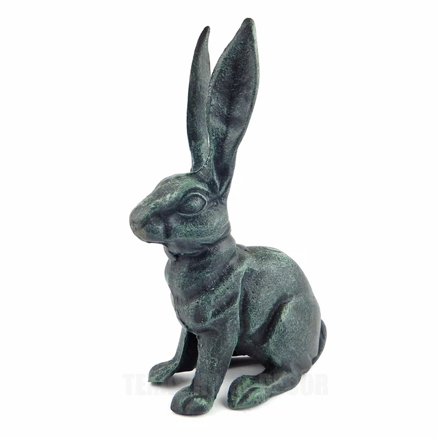 Large Rabbit Figurine Garden Statue Heavy Duty Cast Iron Verdigris Green 10.5"