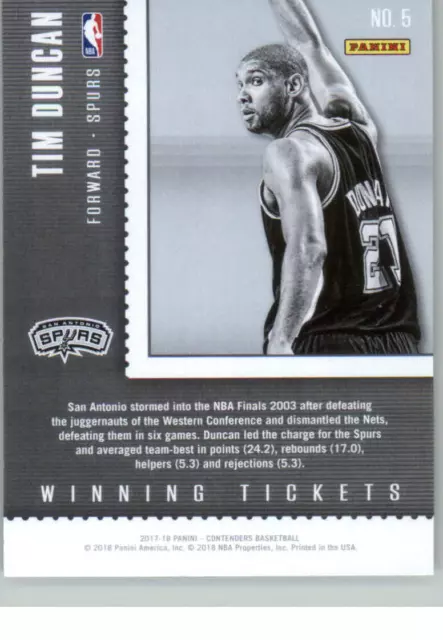 2017-18 Panini Contenders - Winning Tickets #5 Tim Duncan 2
