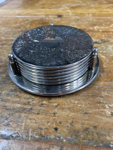 Retro Coaster Set in stand Silver Plate 9.5cm Diameter